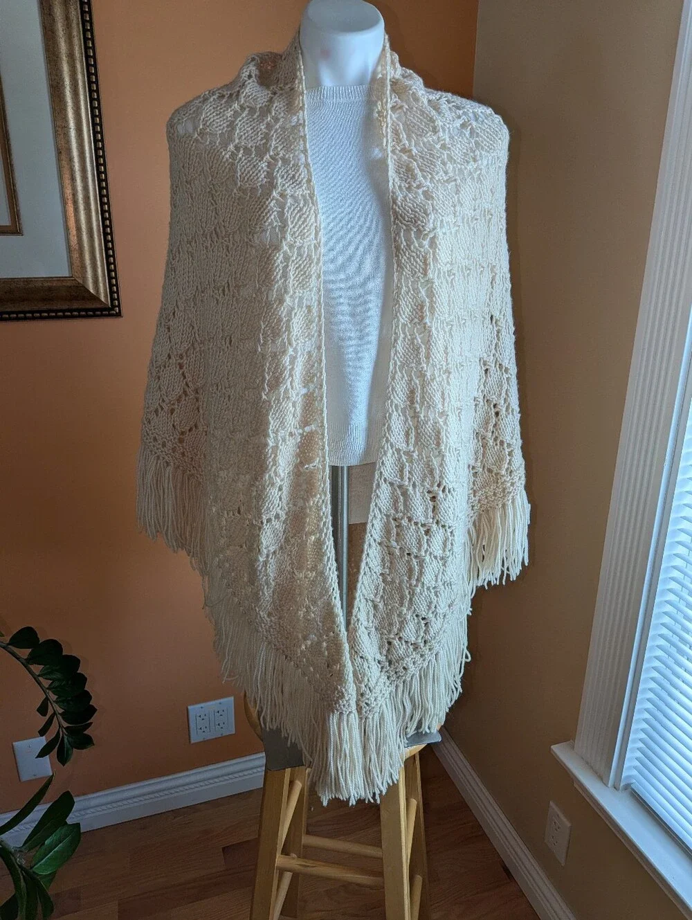 Cream Knitting Fringe Shawl Boho Wrap - Brand Length 71” inches